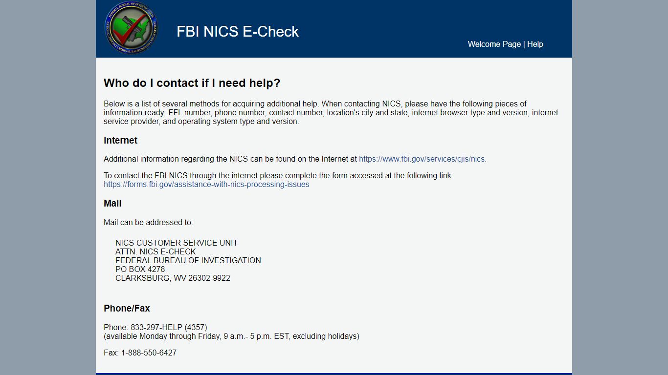 FBI NICS E-Check System - Welcome Page